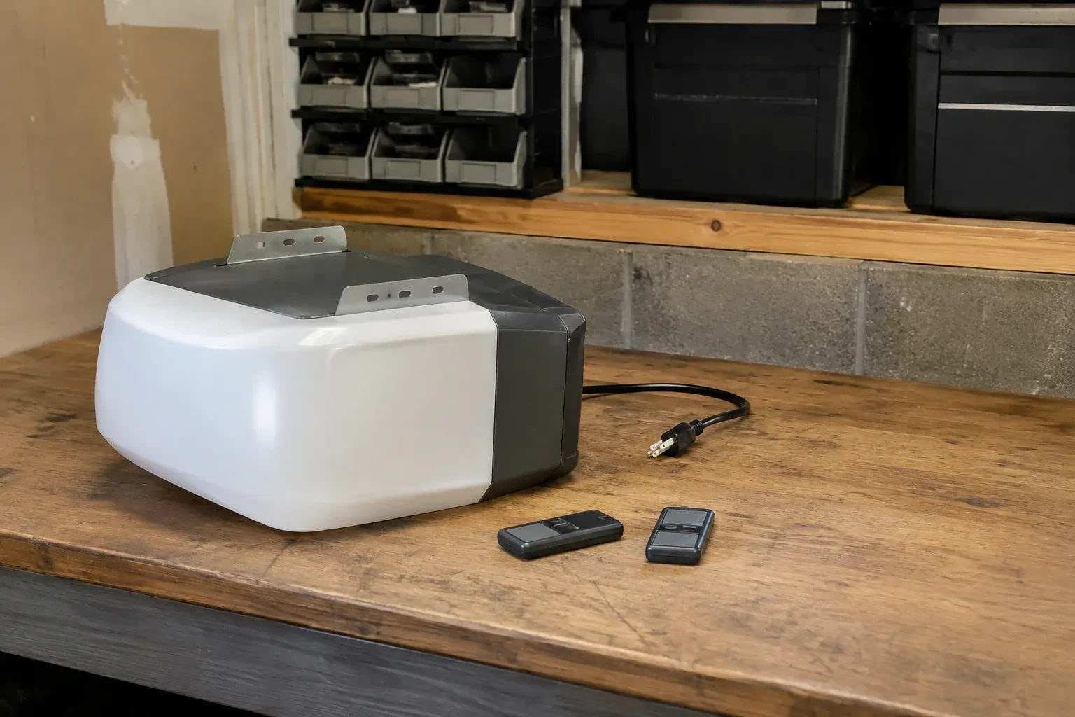 Detached opener housing and two remotes on a garage bench. — Garage Door Opener Replacement, London
