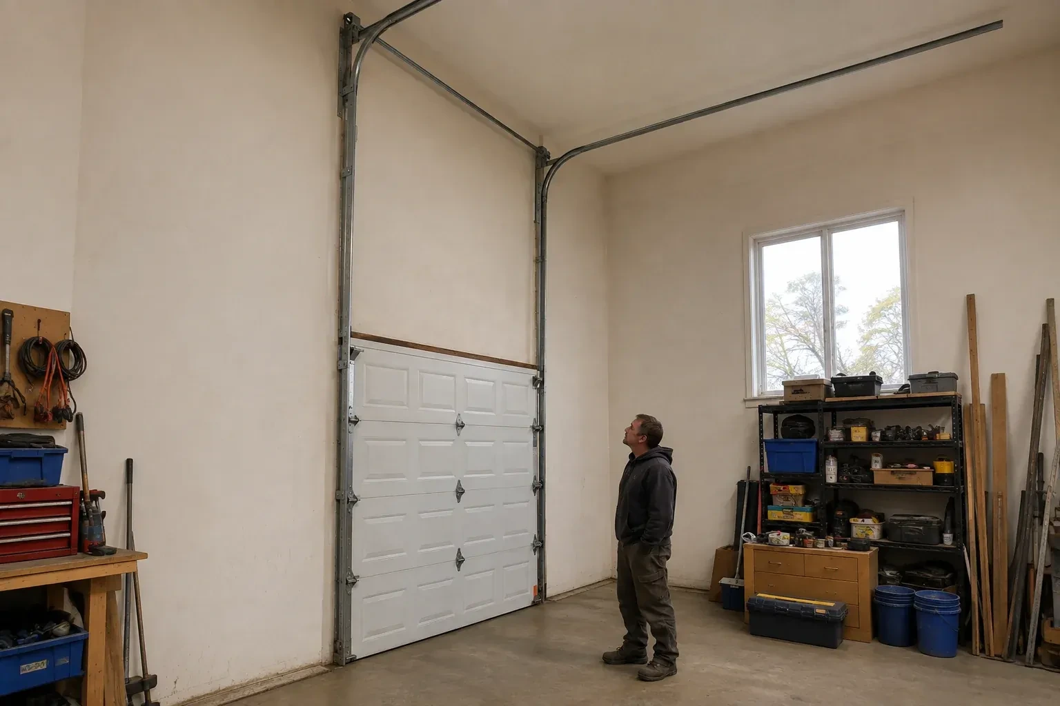 Vertical tracks extend above a closed garage door before curving near a high ceiling, while a person looks upward. — High-Lift Garage Door Conversion, London