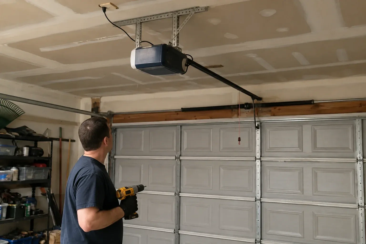 Person holding a yellow drill and looking up at a blue and white opener above a gray paneled garage door. — Chain-Drive Opener Repair, London