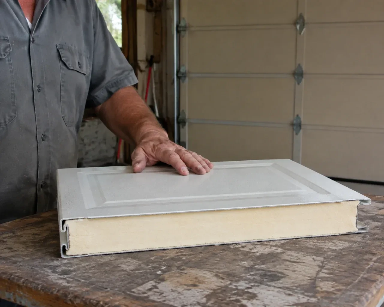 A panel sample exposes a cream foam core between thin metal faces on a garage workbench. — Insulated Steel Garage Door Installation, London