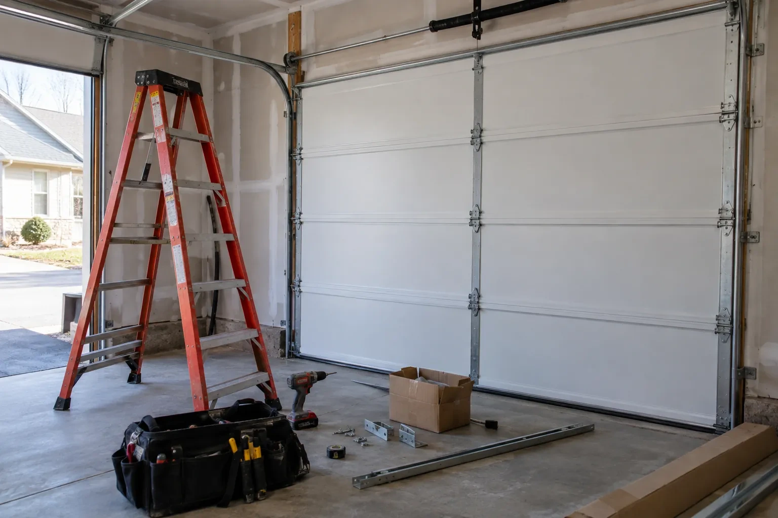 White sectional garage door with an orange stepladder, tool bag, drill, loose steel track pieces and a cardboard box on the floor. — Middlesex Centre