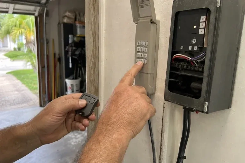 Hands holding a small remote and pressing a wall-mounted keypad beside an open control box with visible wiring. — Garage Door Remote and Keypad Programming, London