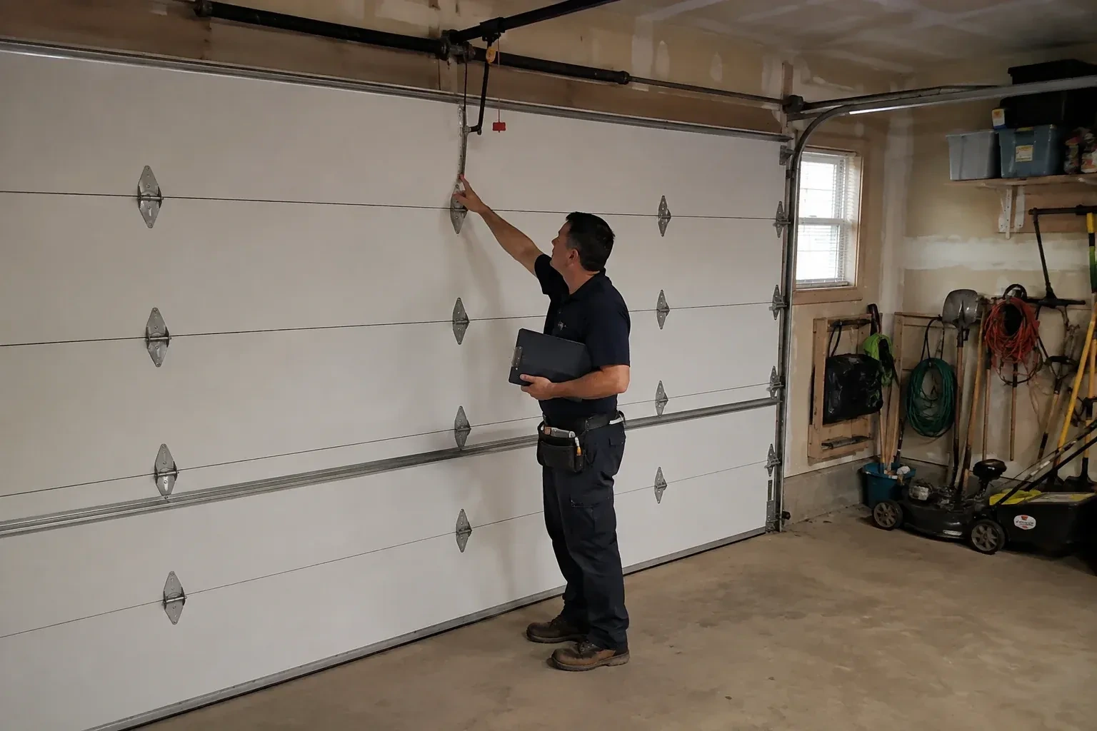 A person holding a clipboard examines the interior hardware of a closed garage door. — Garage Door Tune-Up, London