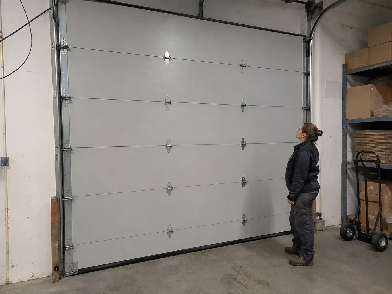 A person looks at a tall closed sectional door with broad panels, hinges and side tracks in a warehouse. — Commercial Sectional Door Repair, London