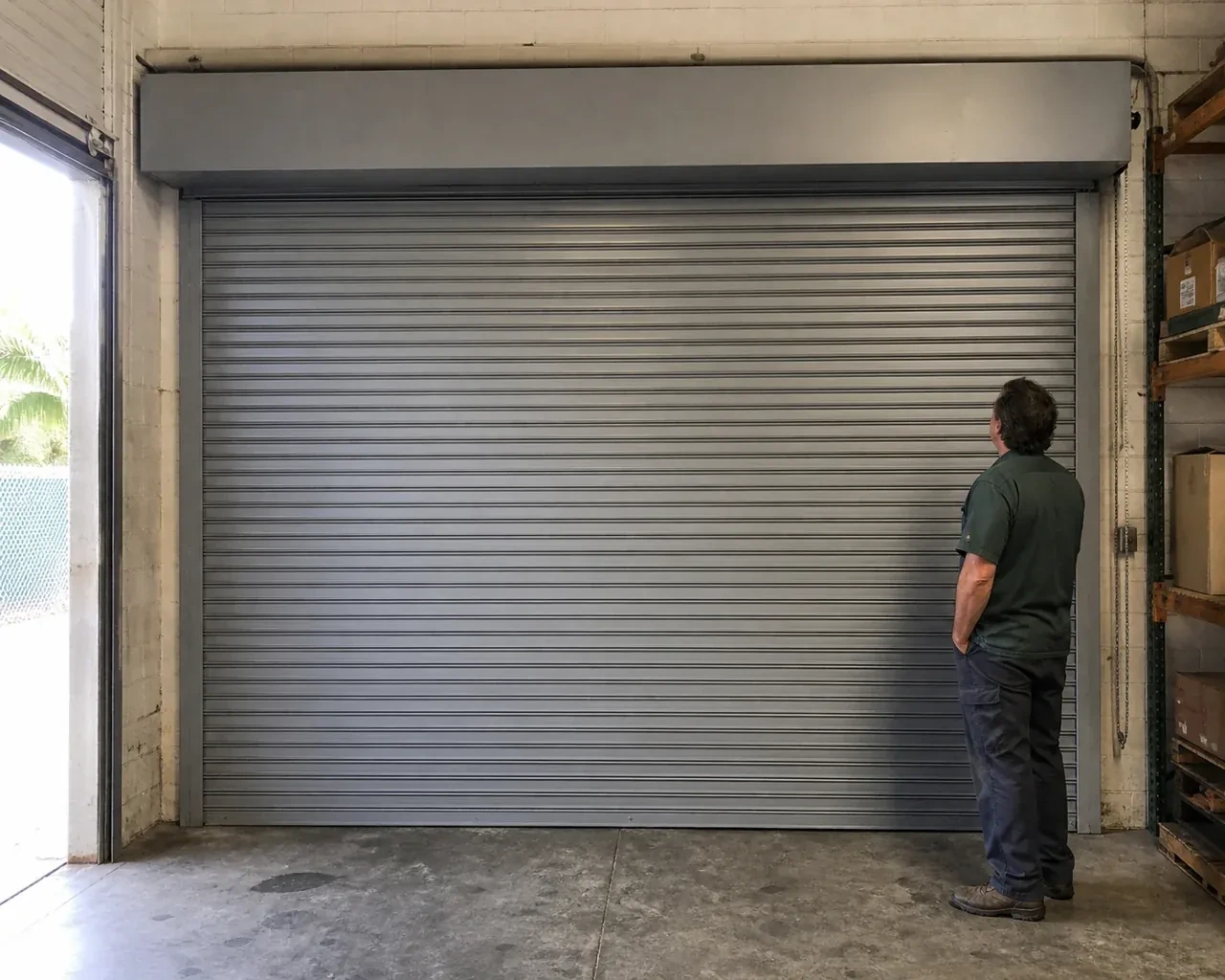 A person examines a closed metal rolling door with narrow horizontal slats, side guides and an overhead hood in a warehouse. — Commercial Rolling Door Repair, London