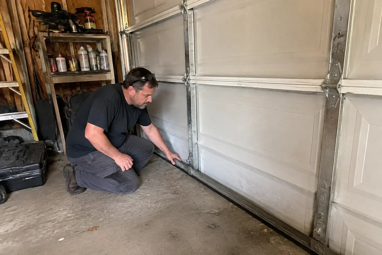Person kneeling by a white paneled door in a garage, one hand on the black seal along its bottom edge. — Garage Door Roller Replacement, London