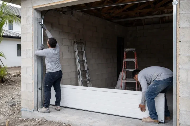 Two people positioning a white garage-door panel and side track in an unfinished masonry garage. — New-Construction Garage Door Installation, London