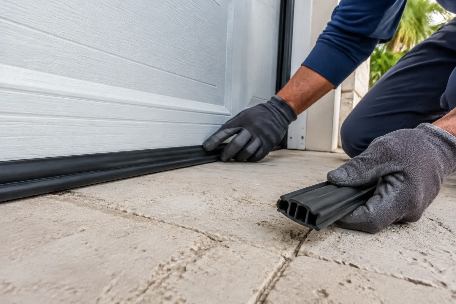 Gloved hands setting a black rubber seal along the base of a white garage door, holding a ribbed strip over paving stones. — Garage Door Bottom Seal Replacement, London