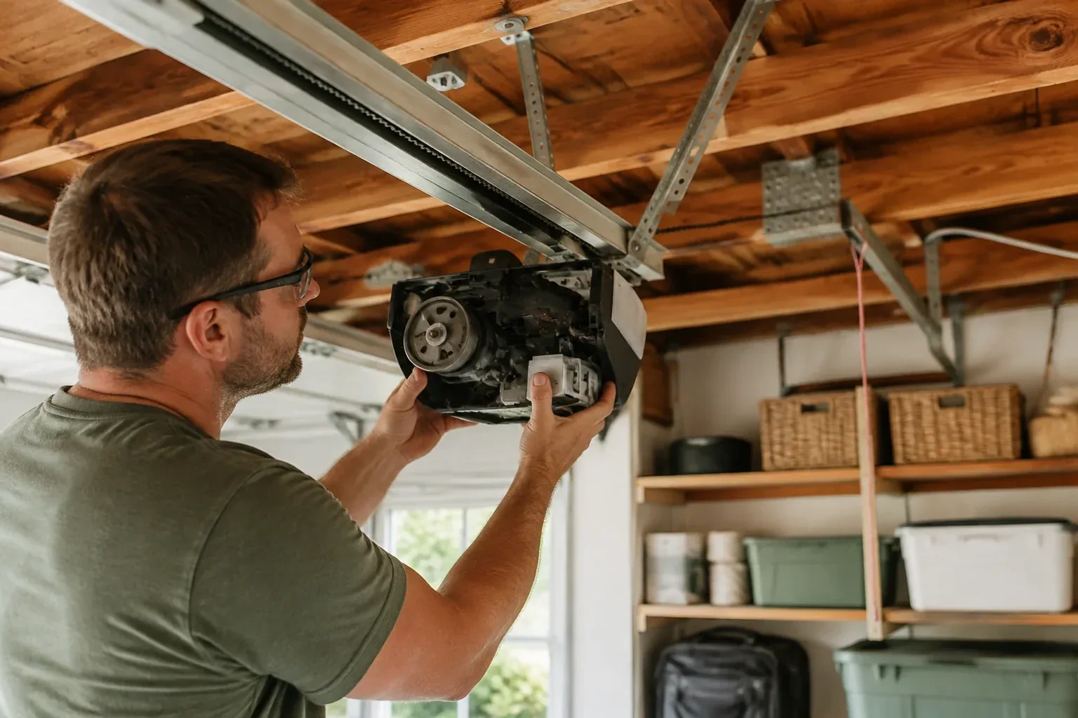 Person in a green shirt and glasses holding an opened opener housing that shows a gear, under wooden ceiling joists. — Belt-Drive Opener Repair, London