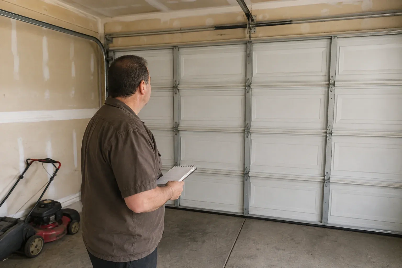 Technician holding a notebook while looking at a closed sectional door. — Garage Door Balance Adjustment, London