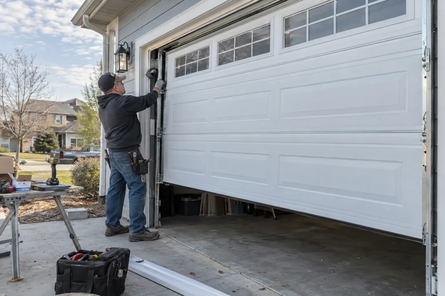 Technician reaching to the side track of a partly raised white garage door with small windows, a tool bag on the driveway. — Orchard Park