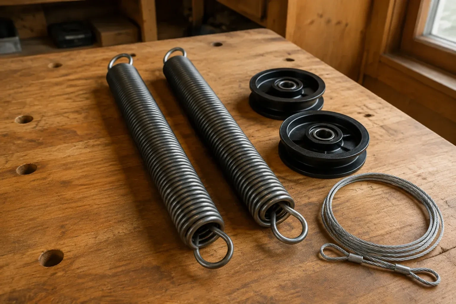 Two coiled extension springs with looped ends, two black pulleys and a loop of steel cable on a worn wooden workbench. — Extension Spring Replacement, London