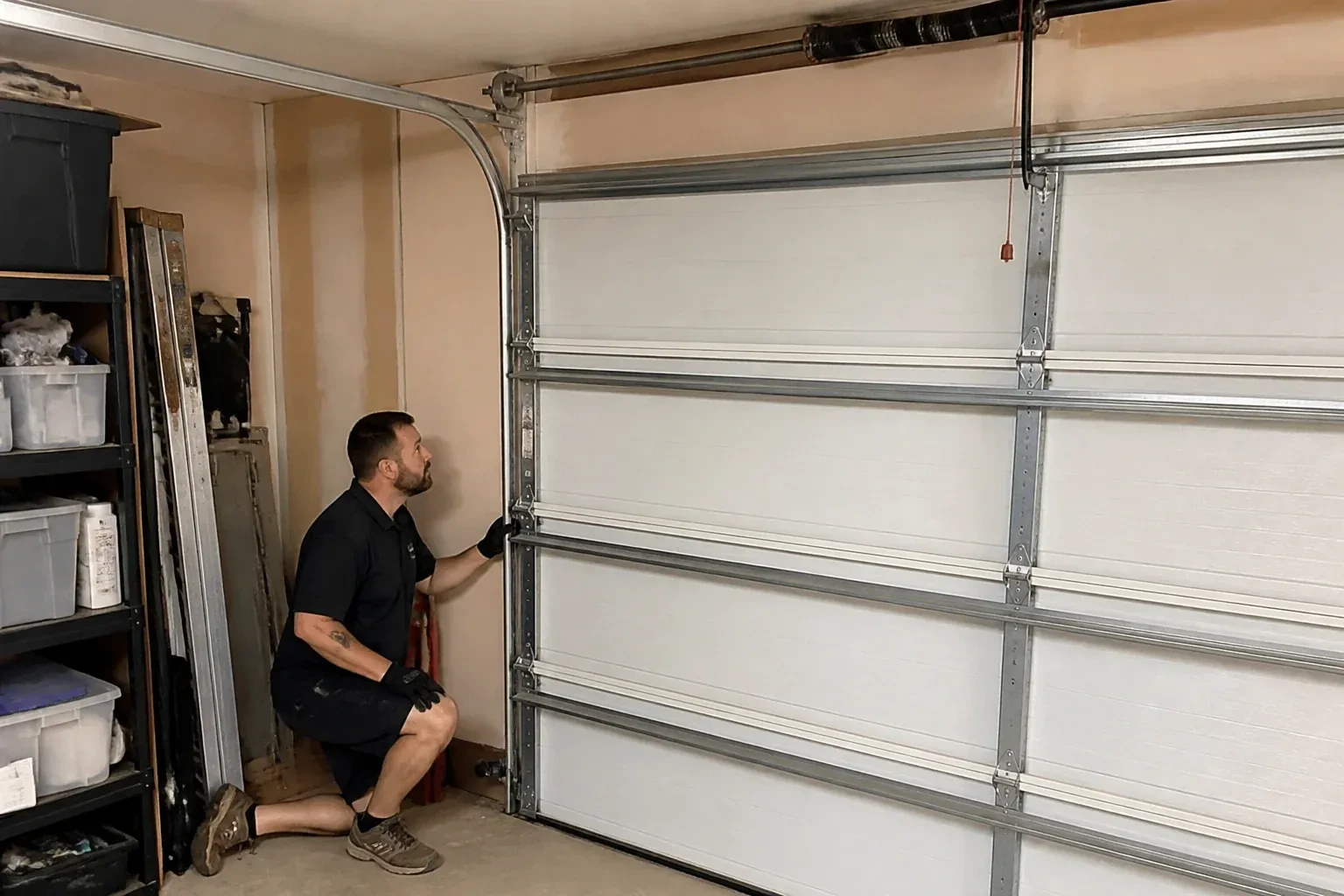 A person examines the vertical side track of a closed garage door. — Garage Door Track Repair or Replacement, London